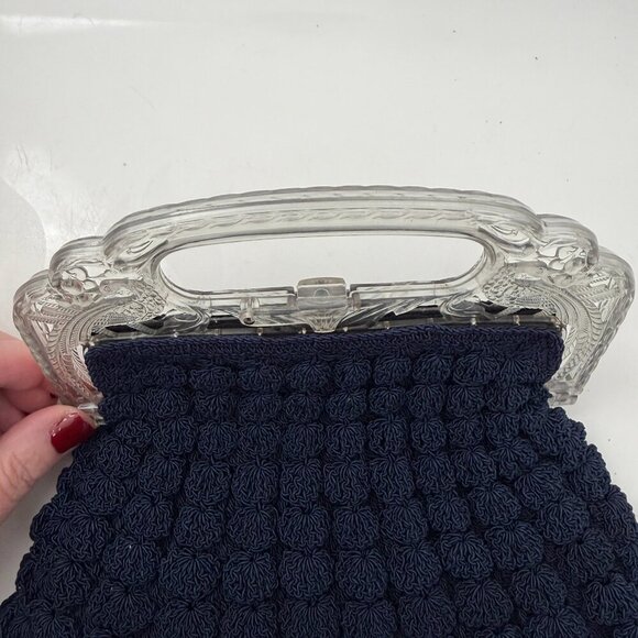 VINTAGE 30s Popcorn Crochet Navy Blue Peacock Handle Evening Bag - Picture 4 of 15